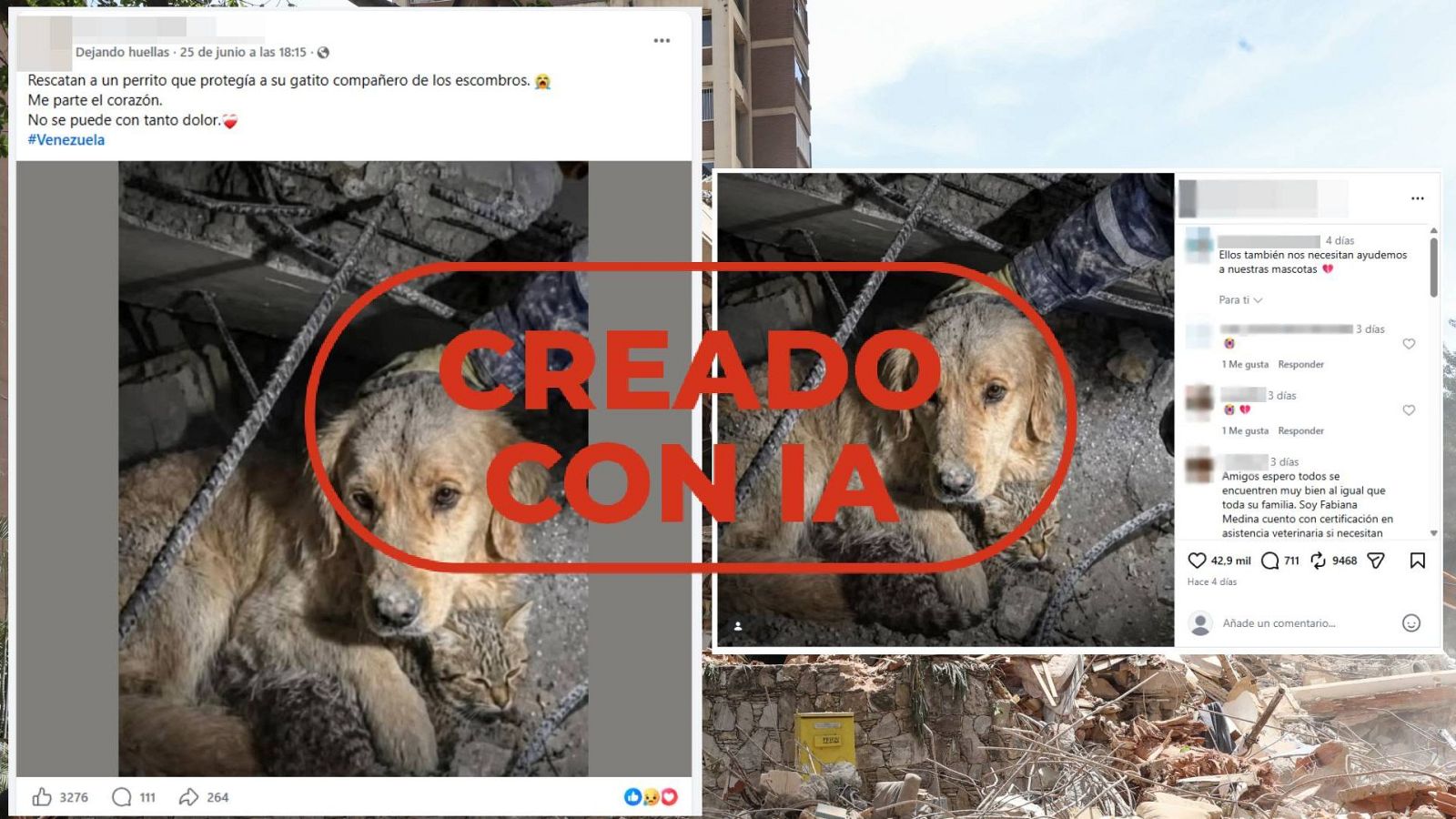 Esta foto de un perro y un gato no se registra tras los terremotos de Venezuela, está creada con IA