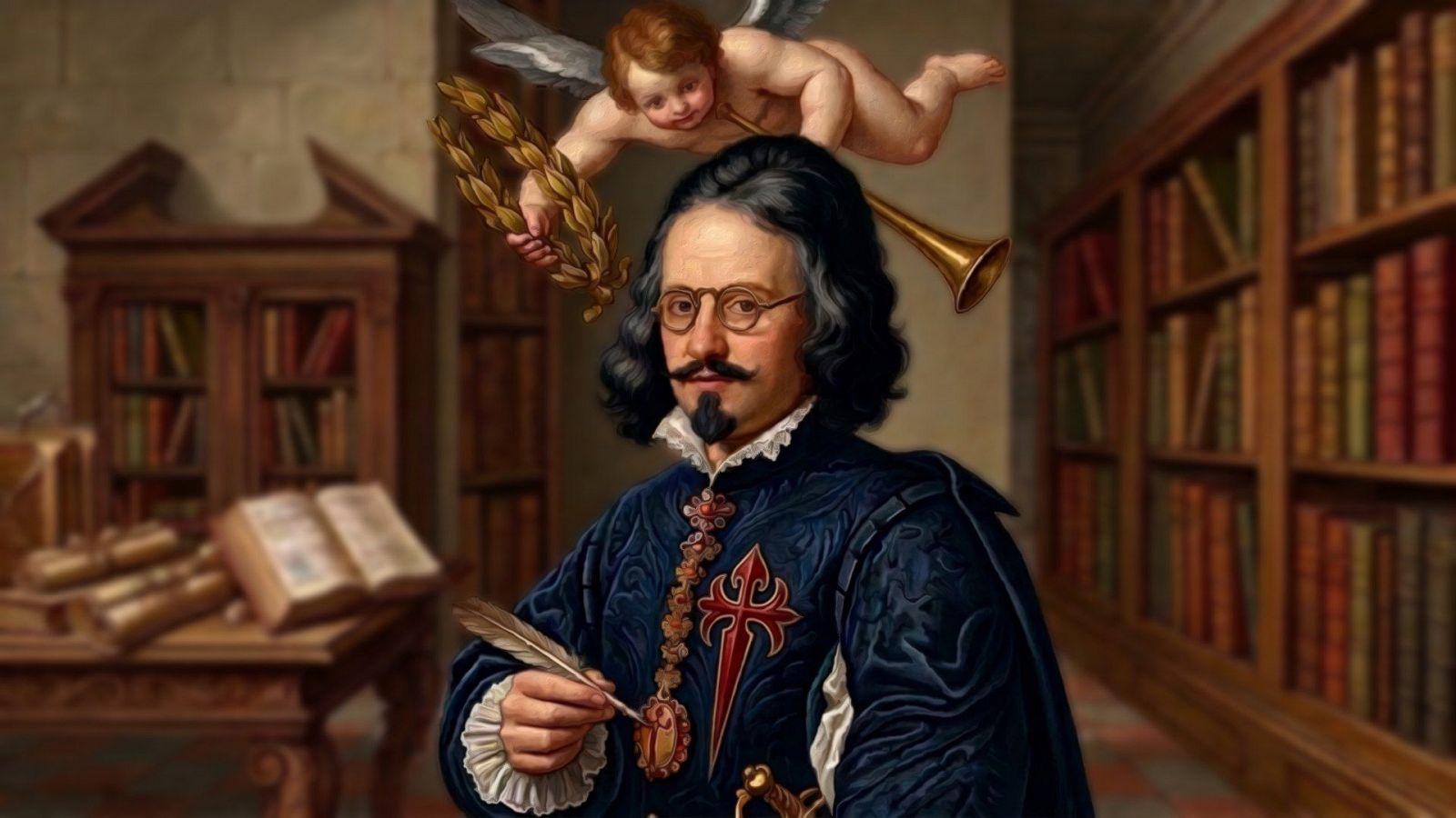 Retrato de Francisco de Quevedo, escritor del Siglo de Oro, con casaca azul, Cruz de Santiago, pluma y un querubín alado con corona de laurel y trompeta, en un estudio con libros.