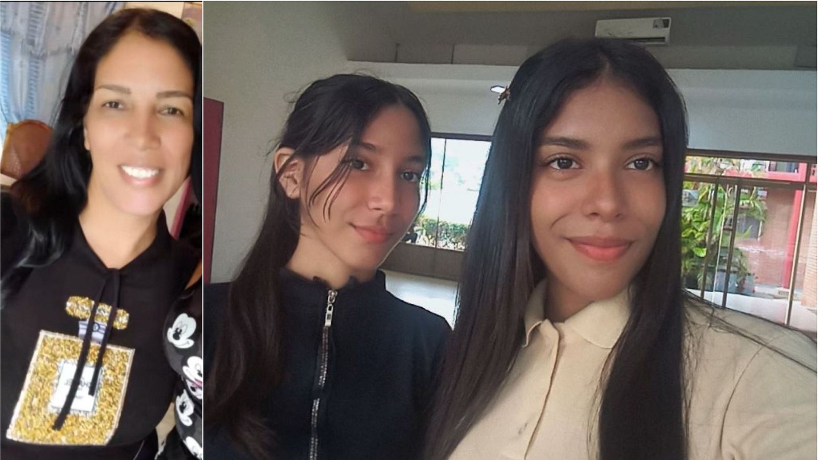 Montaje fotográfico de Dámaris Rausseo y sus hijas Cristal y Esmeralda. La madre viste sudadera con diseño de perfume, mientras las hermanas posan juntas en una selfie con fondo de vegetación.