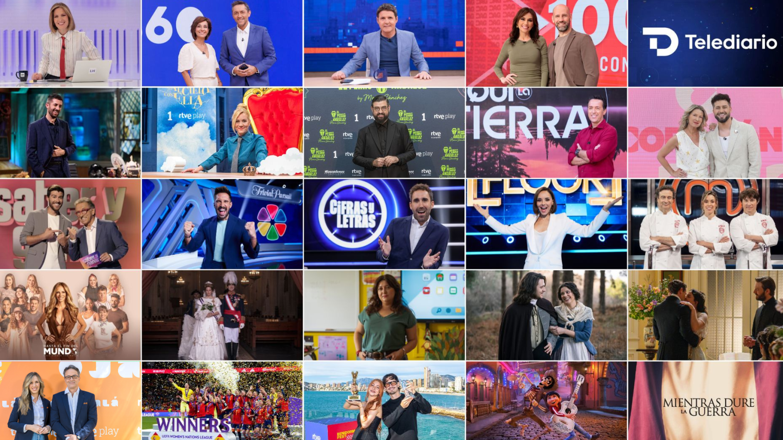 Collage de RTVE con presentadores, actores de "La Promesa", jueces de "MasterChef", logos de programas como "Telediario", "Cifras y Letras", y escenas de series y películas.