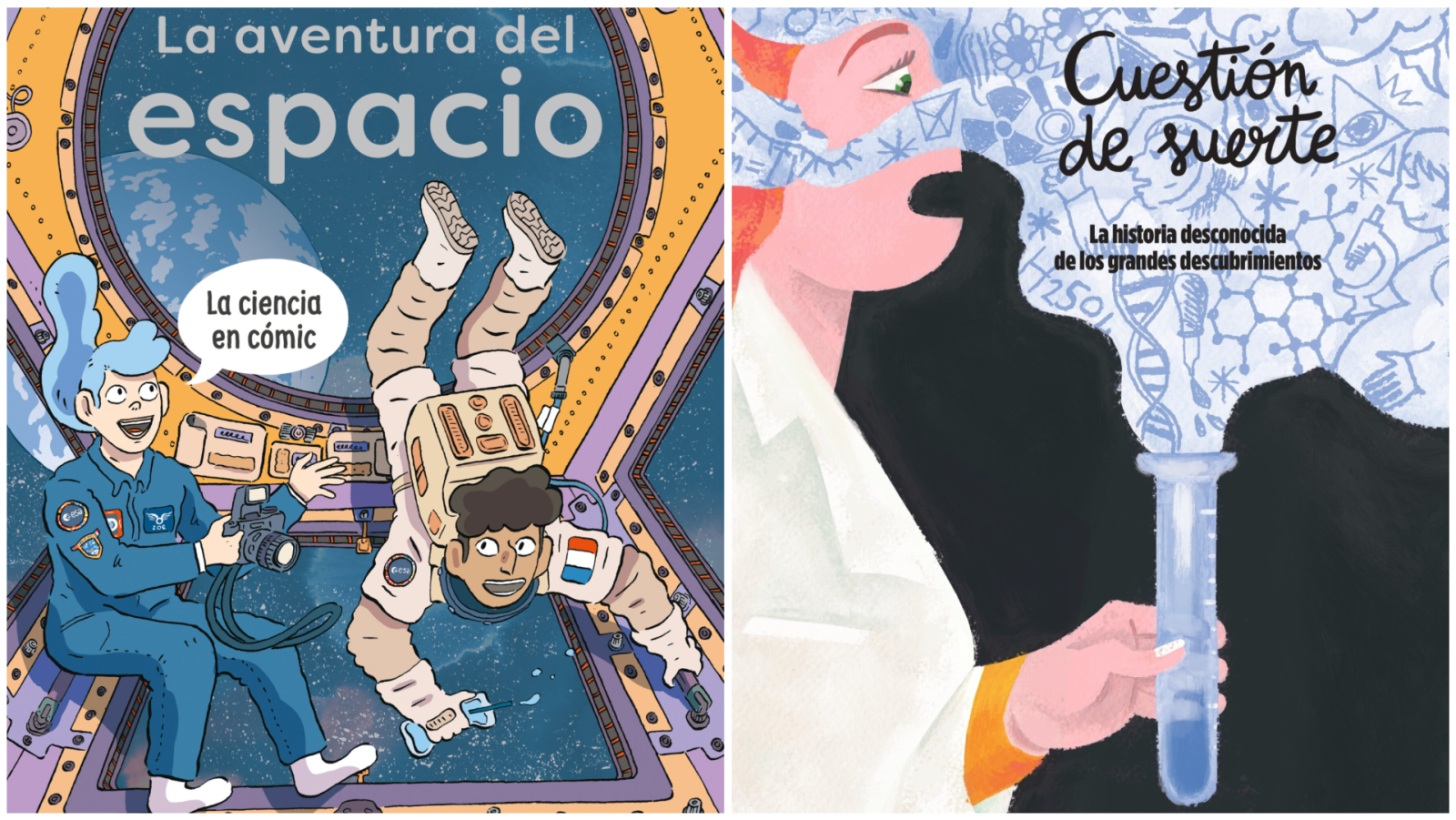Dos portadas de cómics: "La aventura del espacio" con astronautas y la Tierra, y "Cuestión de suerte" con un personaje y símbolos científicos.
