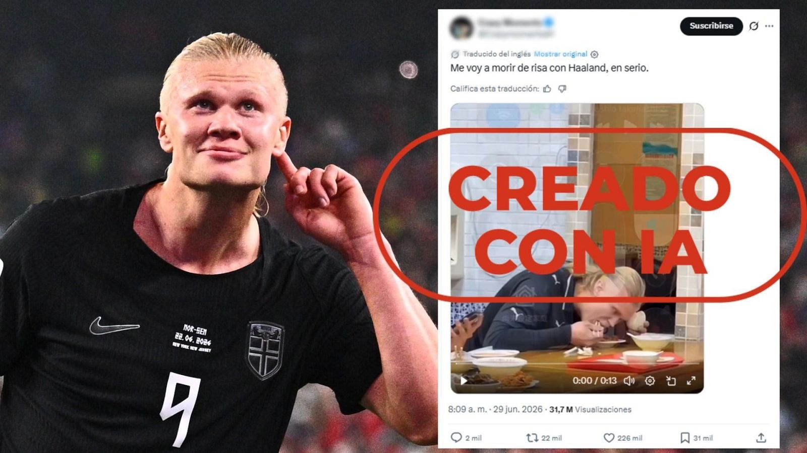 Este vídeo del futbolista noruego Erling Haaland comiendo está creado con IA