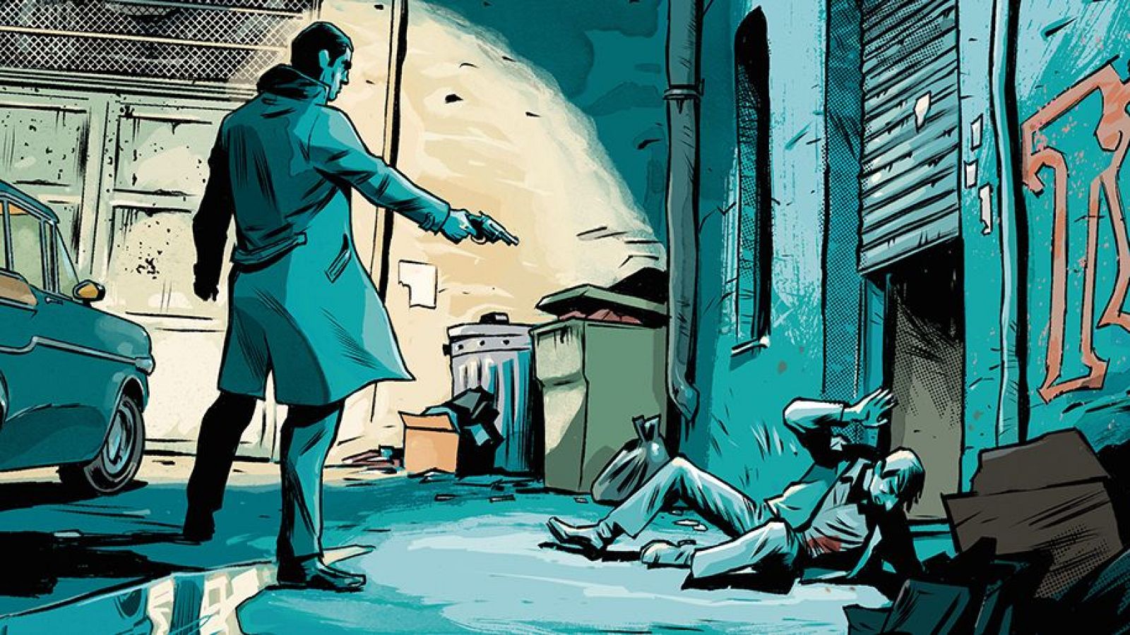Un hombre con gabán oscuro apunta una pistola a una víctima herida en el suelo de un callejón urbano, con grafitis y cubos de basura. Ilustración de cómic con iluminación dramática.