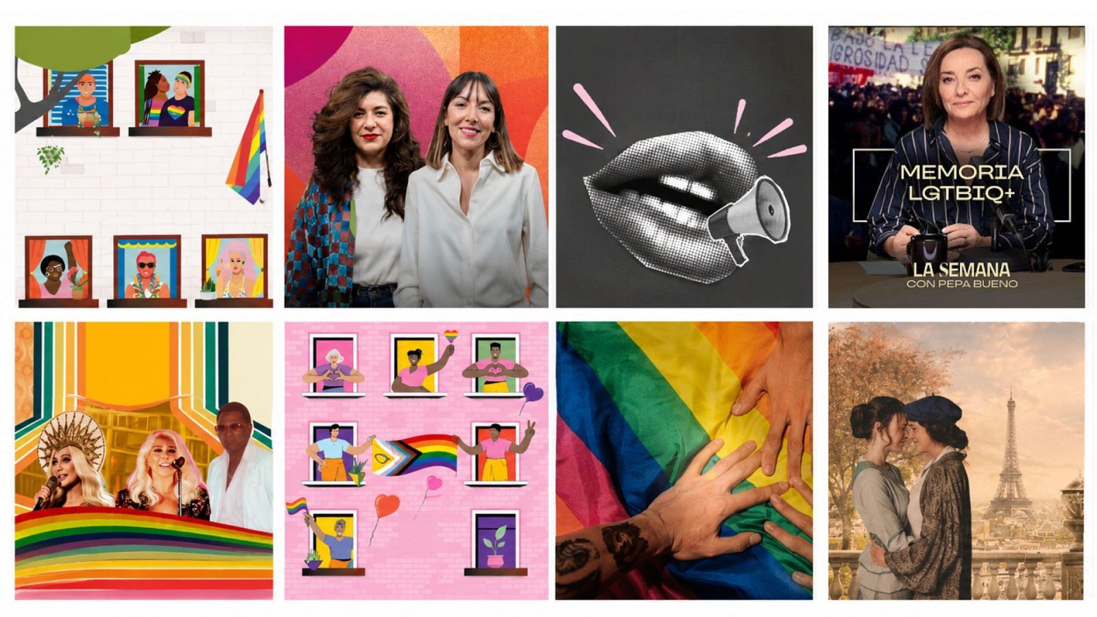 Mosaico promocional del "Podcast con mucho Orgullo en RNE Audio" que celebra la comunidad LGTBIQ+ con figuras públicas, diversidad y símbolos de unidad.