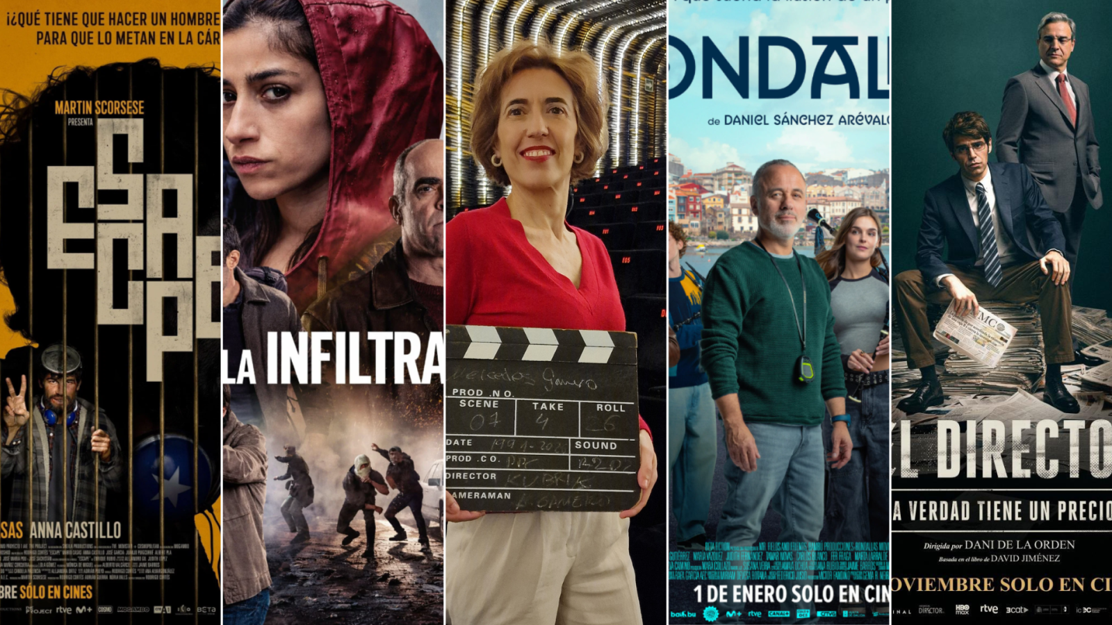 Mercedes Gamero, productora española, sonríe sosteniendo una claqueta en un collage de carteles de películas: "ESCAPO", "LA INFILTRADA", "ONDAL" y "EL DIRECTOR".