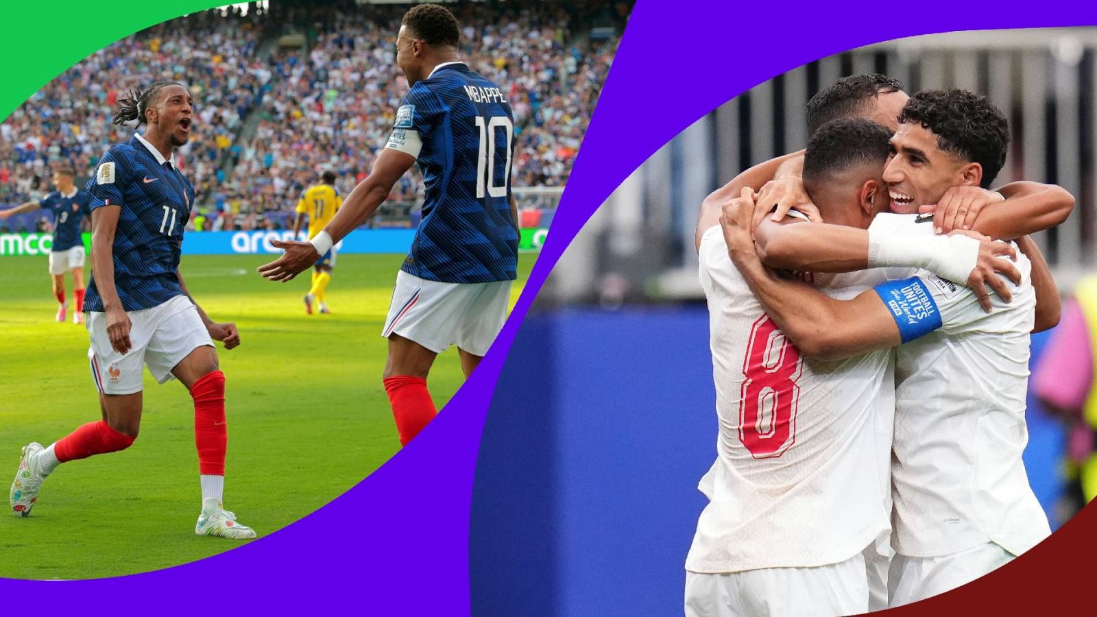 Montaje de celebraciones de goles en el Mundial FIFA 2022: Olise y Mbappé de Francia, y jugadores de Marruecos abrazándose.