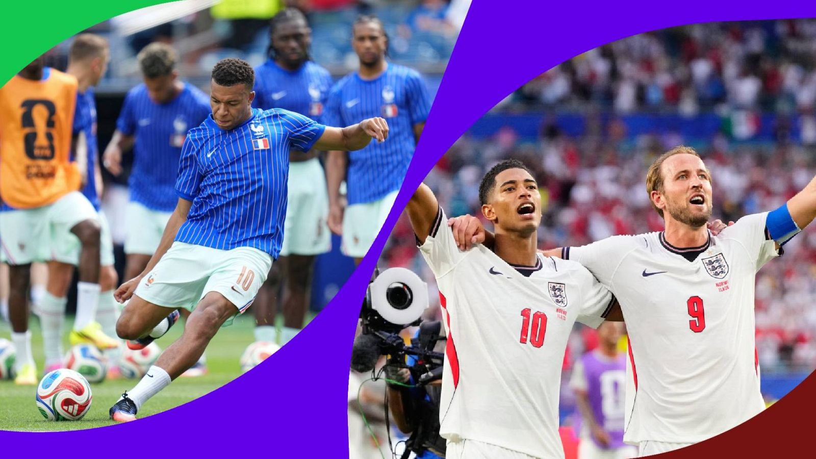 Kylian Mbappé con la camiseta de Francia (nº 10) y Jude Bellingham y Harry Kane con las de Inglaterra (nº 10 y 9) en escenas de fútbol.