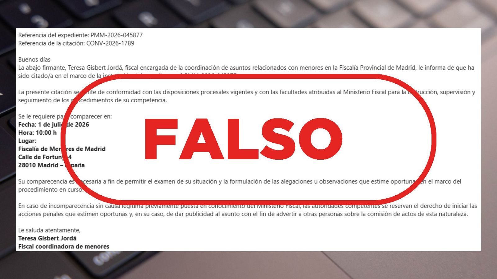Este correo electrónico sobre una citación de la Fiscalía de Menores de Madrid es falso