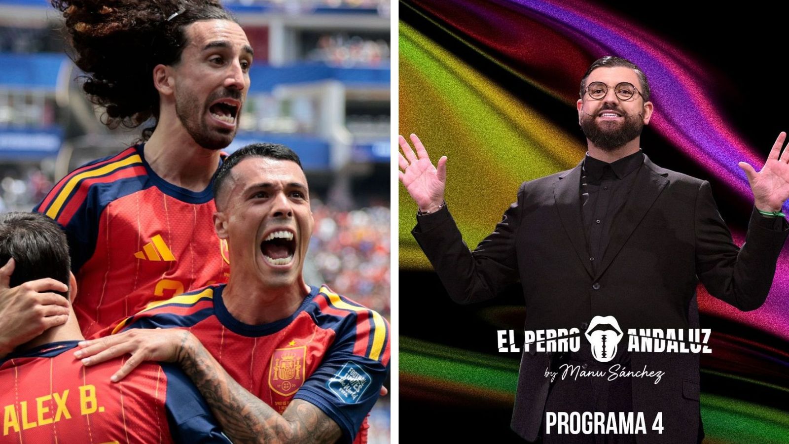 Montaje de RTVE: futbolistas celebrando (Eric García, Dani Olmo, Álex Baena) y Manu Sánchez presentando "El Perro Andaluz" (PROGRAMA 4).