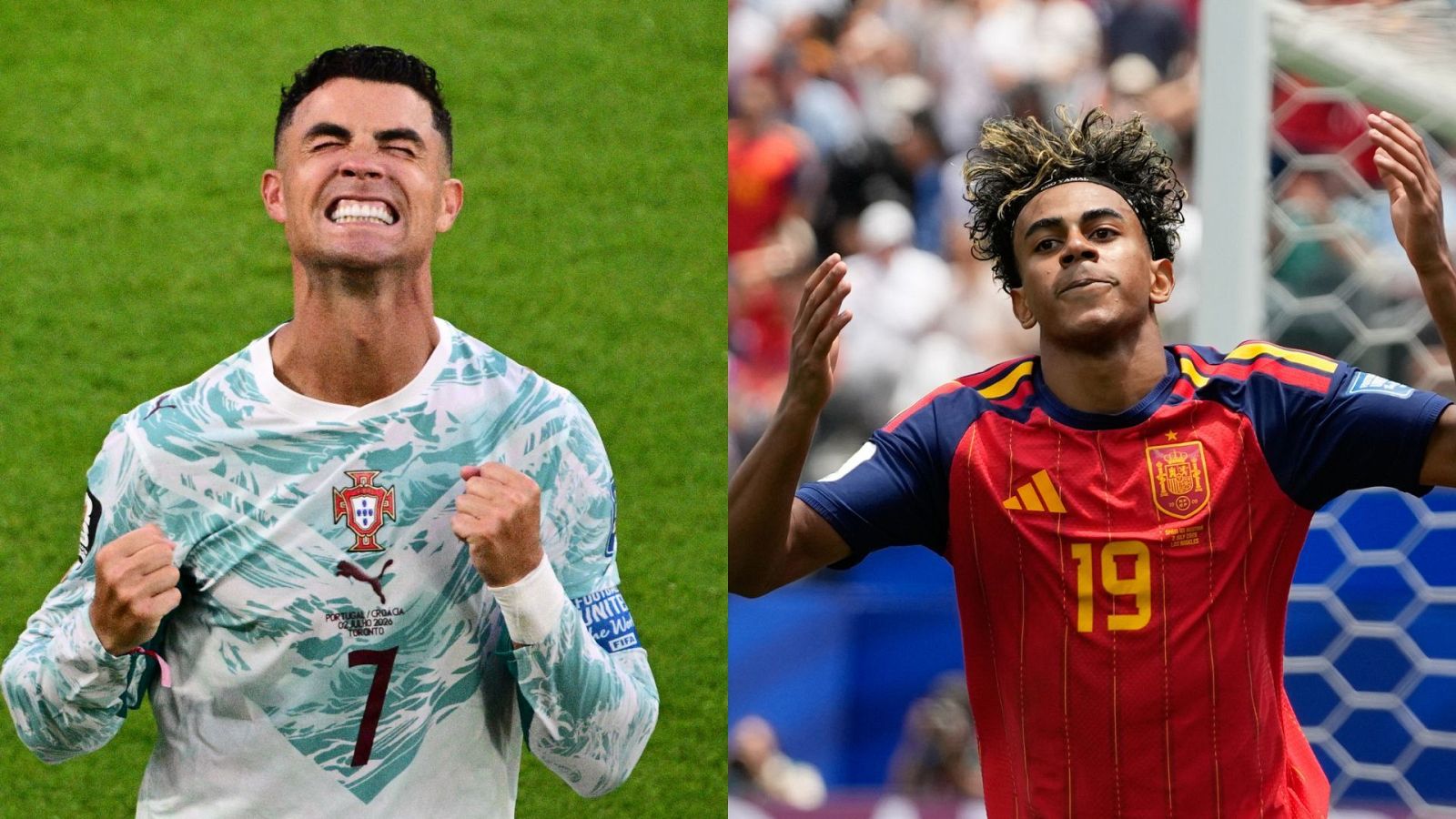Cristiano Ronaldo celebra con la camiseta de Portugal y Lamine Yamal con la de España, ambos con parches de la FIFA World Cup.
