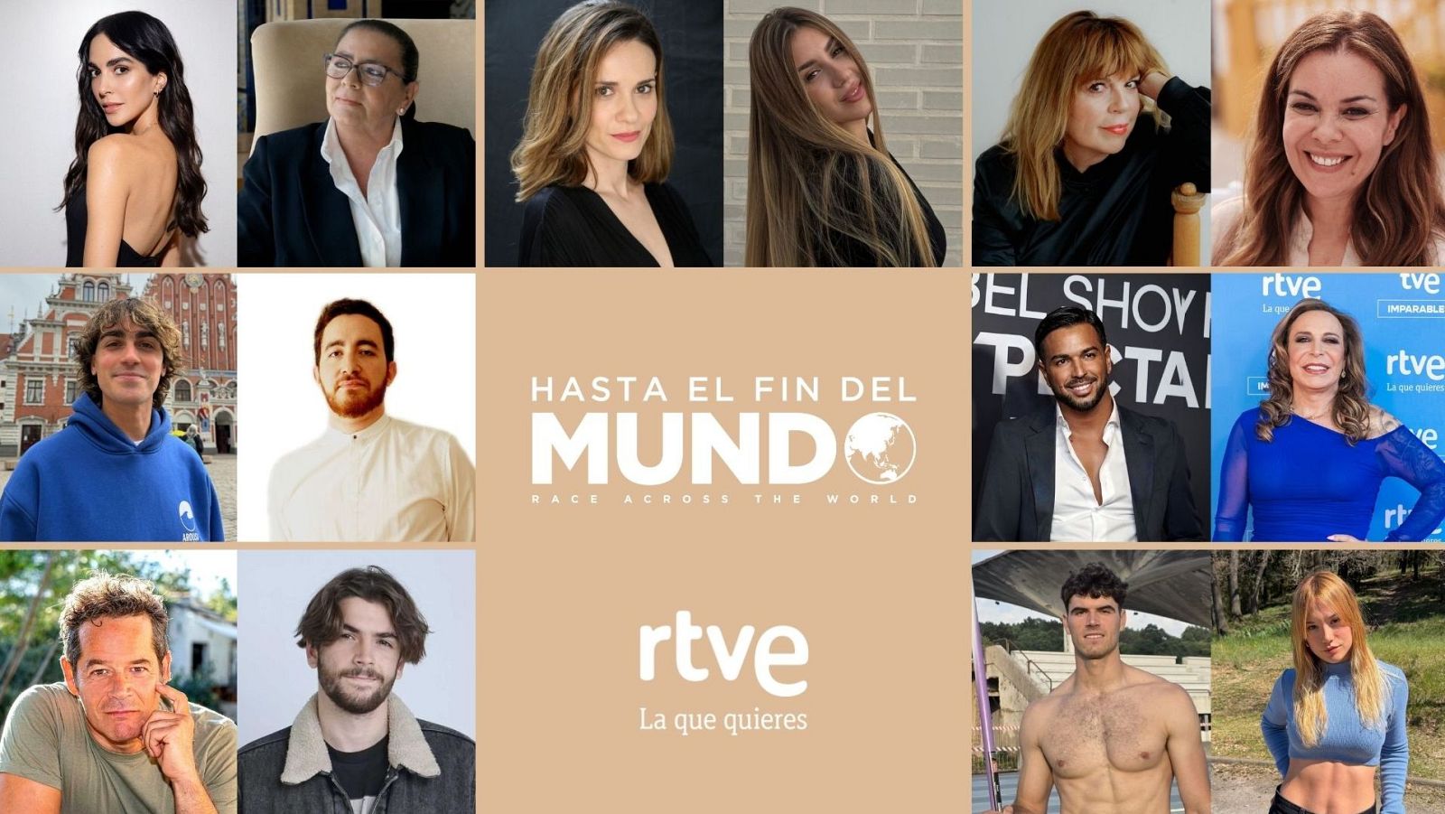 Collage promocional con 14 figuras públicas españolas para el programa "HASTA EL FIN DEL MUNDO" de RTVE, con el título principal en letras blancas sobre fondo beige.