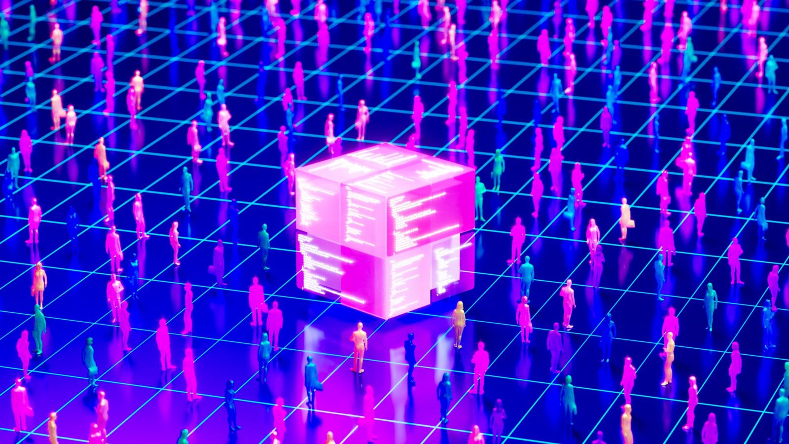 Representación abstracta de IA interactuando con la sociedad: cubo rosa central, figuras humanas coloridas, fondo de cuadrícula azul luminosa.