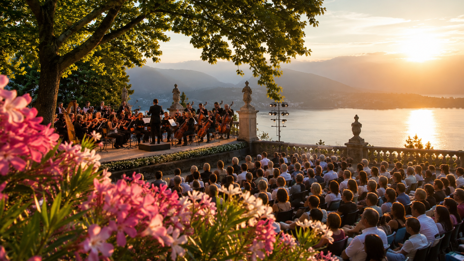 Concierto de música clásica al atardecer con orquesta y público frente a un lago reflejando el sol poniente, rodeado de arquitectura clásica y naturaleza.