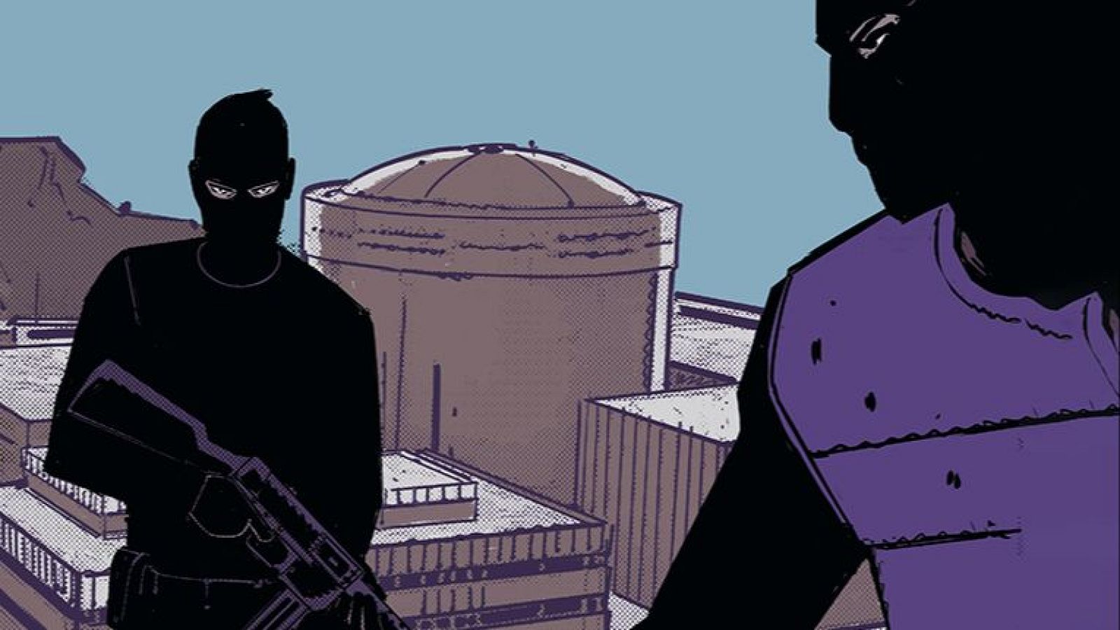 Dos figuras silueteadas, una armada, posan ante la Central Nuclear de Lemóniz en una ilustración de cómic con tonos oscuros y morados.