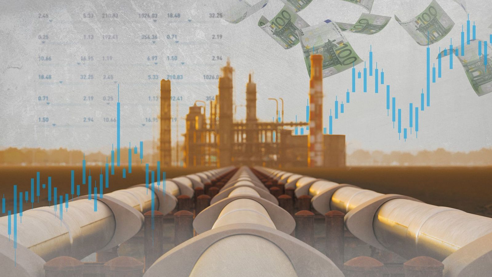 Industria petrolera en auge con gráficos de mercado alcistas y billetes de euros, simbolizando el aumento de precios y la economía.