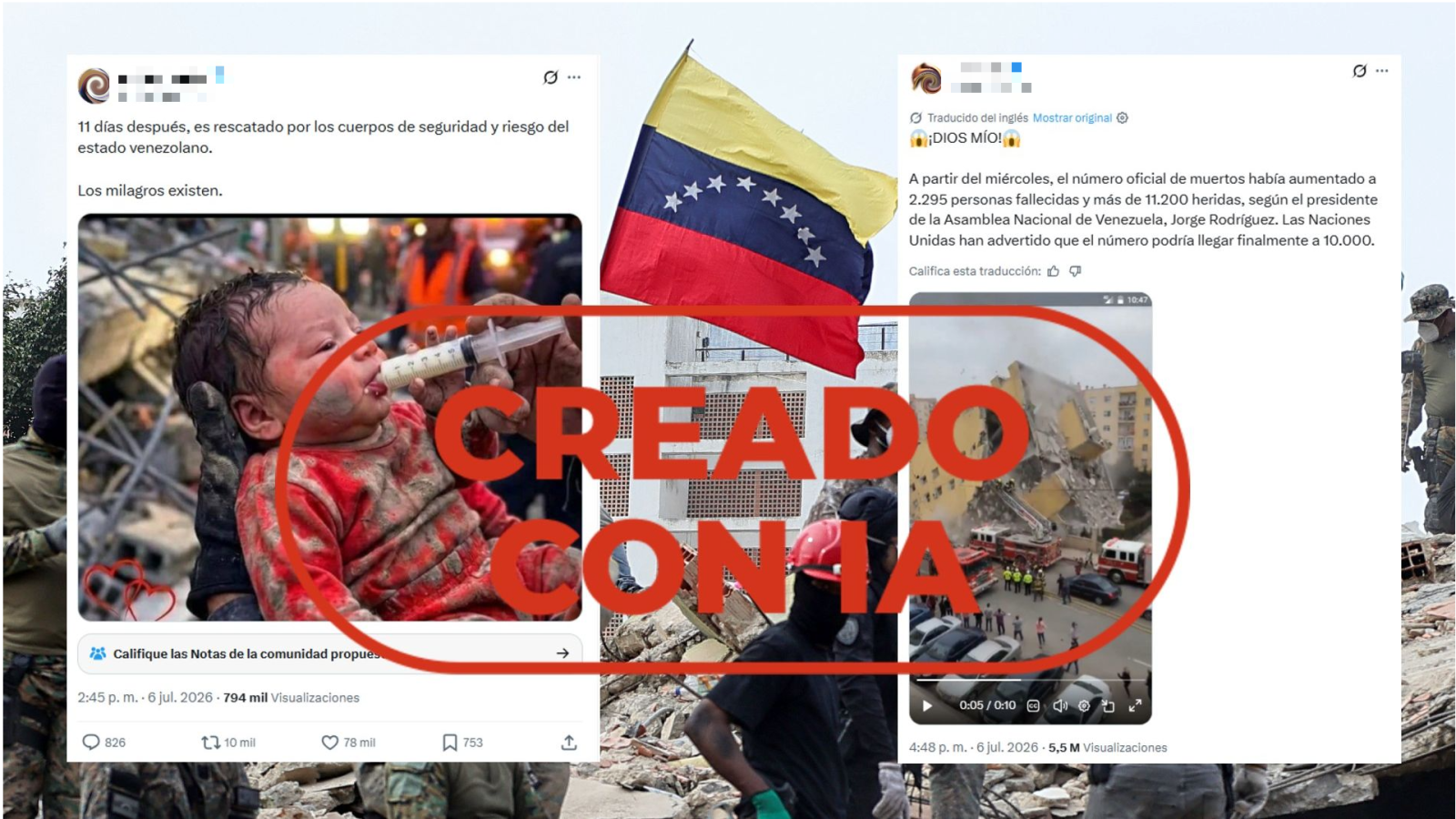 Más imágenes creadas con IA sobre los terremotos en Venezuela: un bebé rescatado y un derrumbe falso