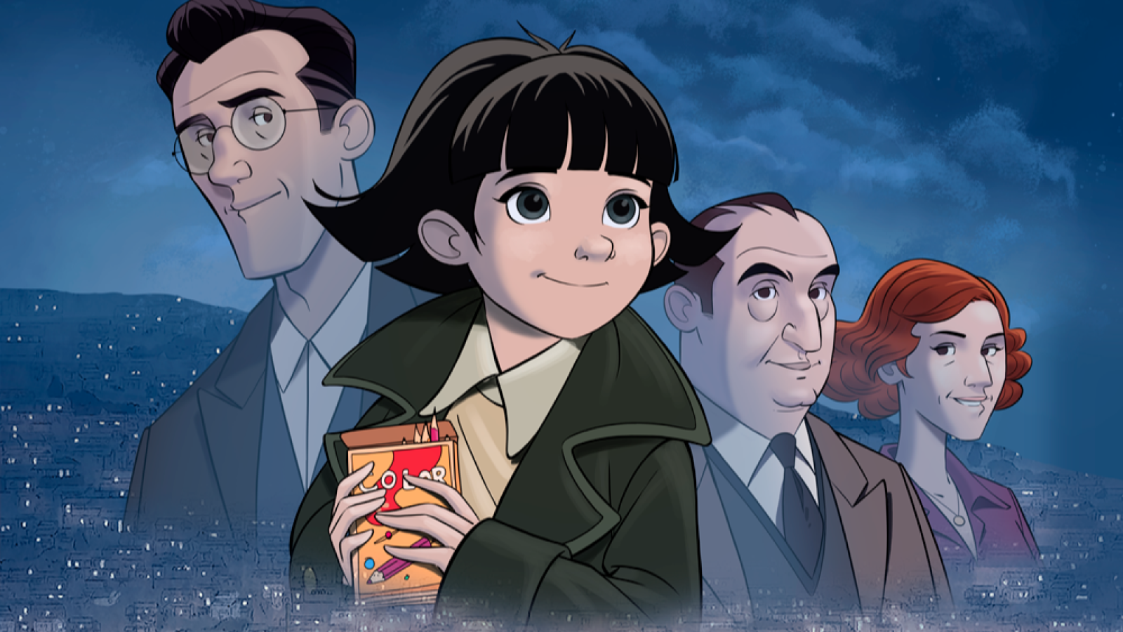 Ilustración de estilo dibujo animado con una niña sosteniendo una caja de "COLOR", acompañada por Pablo Neruda y otras dos personas, sobre un fondo de cielo nocturno y ciudad.