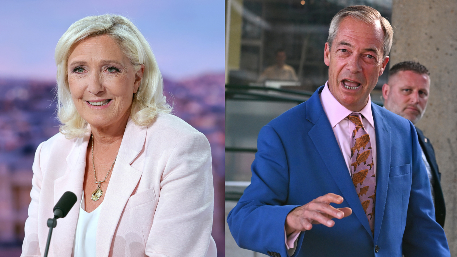 Marine Le Pen con traje rosa y Nigel Farage con traje azul y corbata de animales, ambos en actos de comunicación pública.