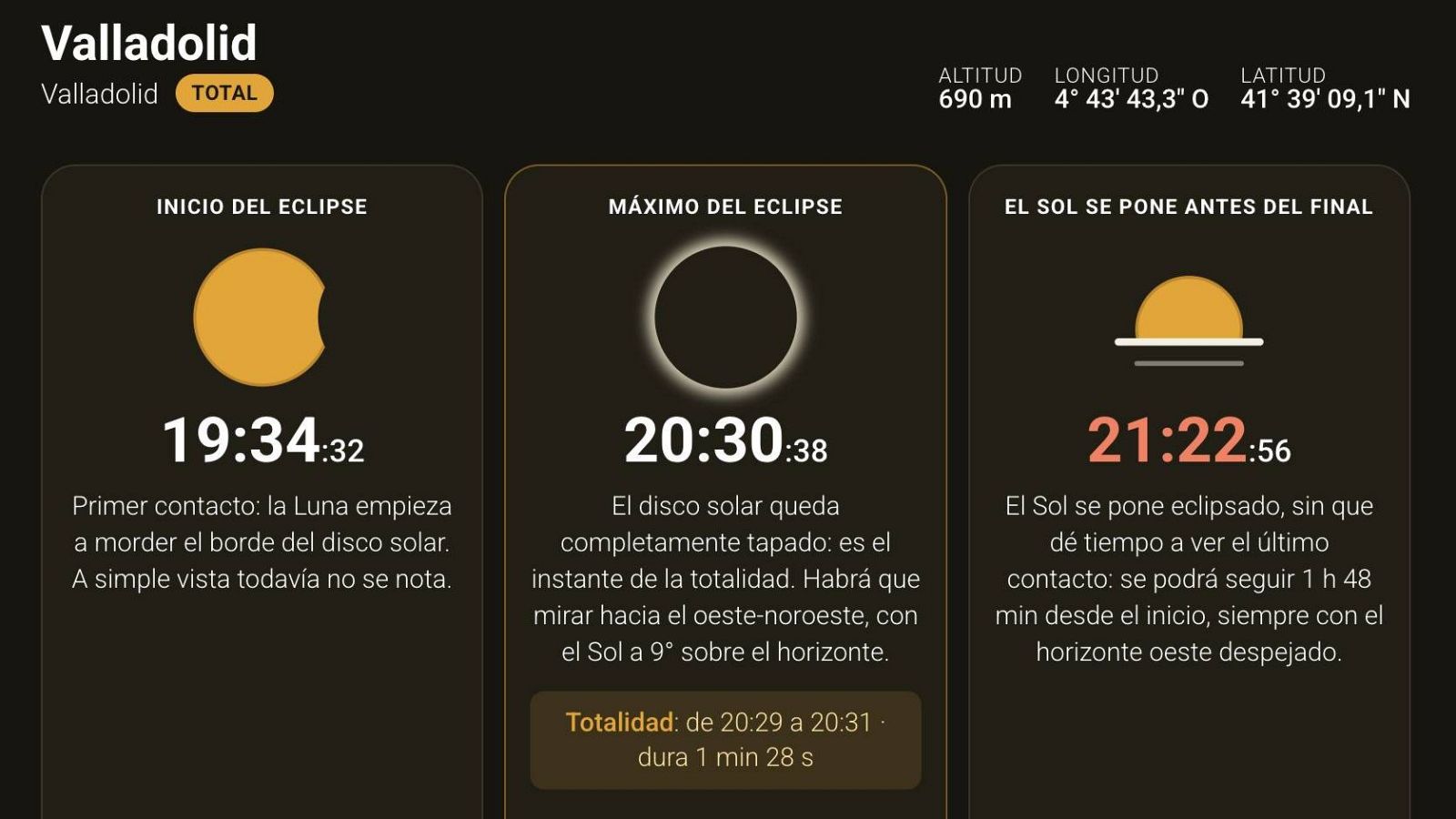 RTVE.es publica una herramienta para consultar a qué hora comienza el eclipse en cada municipio de España: descubre cuándo se producirá la totalidad y cuánto durará.