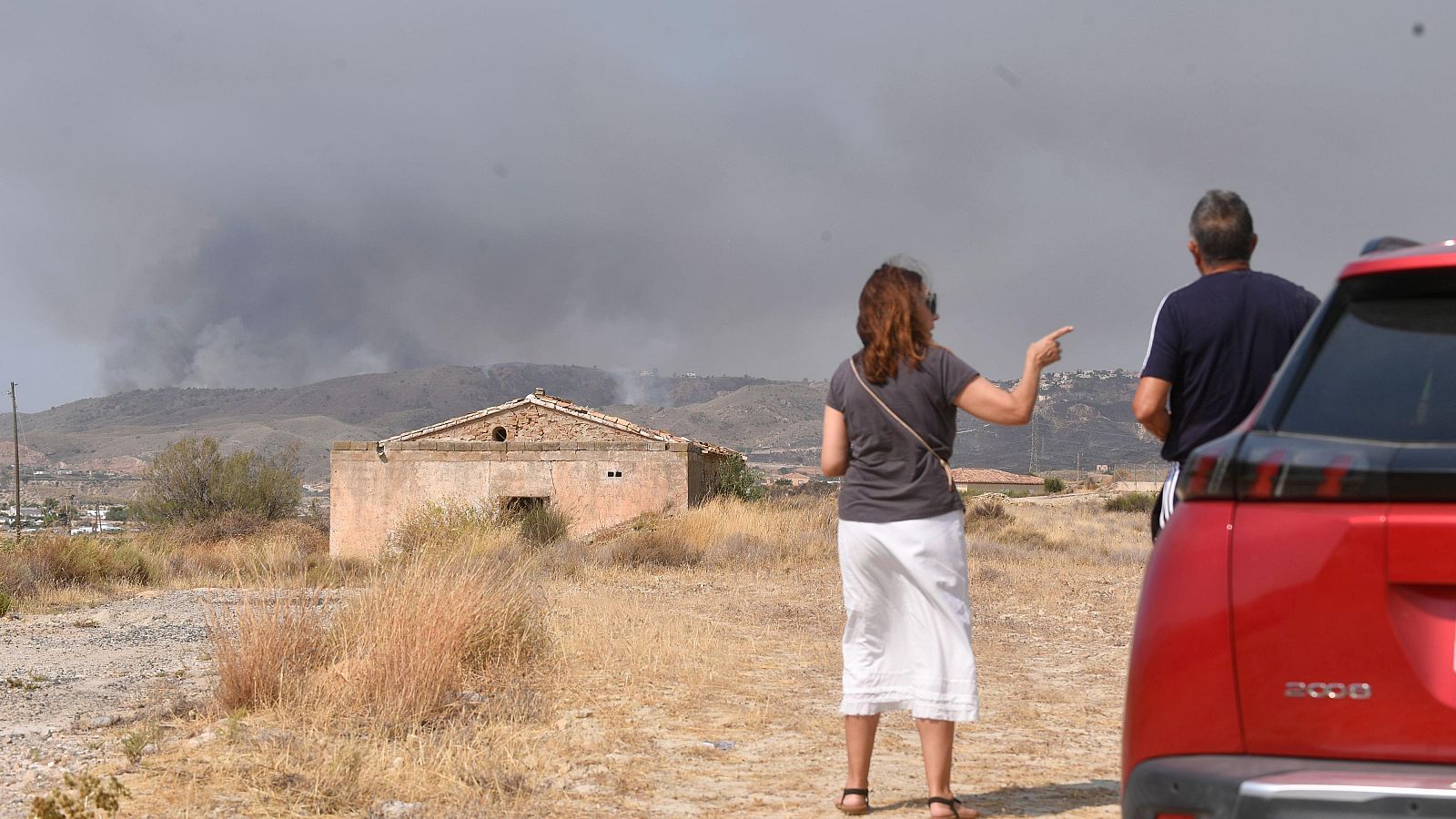 Dos personas observan el incendio en Los Gallardos (Almería).