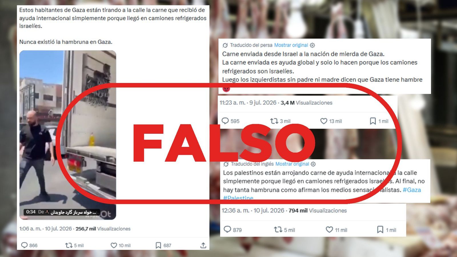 Este vídeo no muestra a gazatíes tirando carne procedente de ayuda internacional, es falso