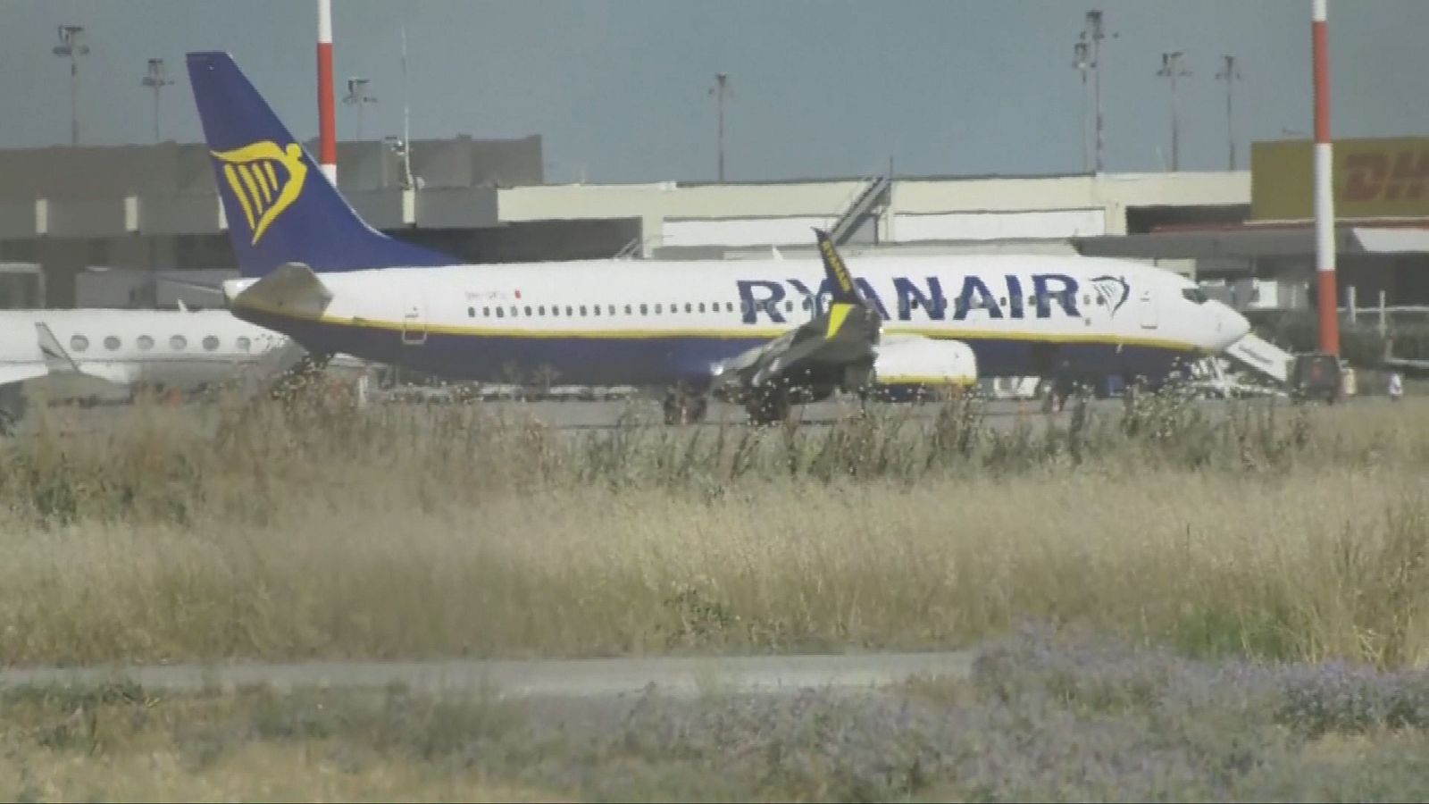 Avión Boeing 737 de Ryanair en plataforma de aeropuerto, con detalles de pintura azul y logo de arpa en la cola. Fondo con edificios y poste de infraestructura aeroportuaria.