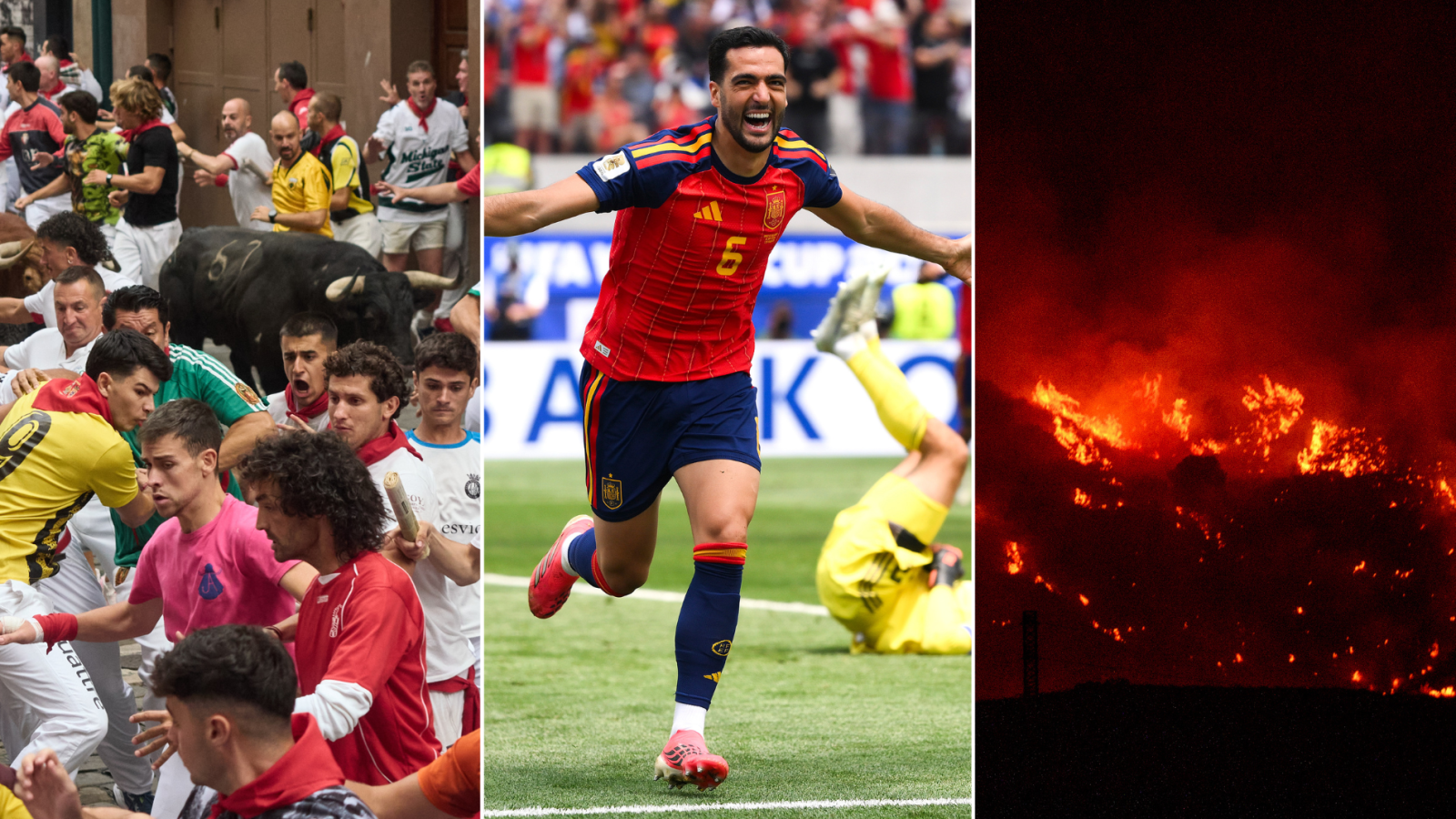 Tríptico con un encierro, un futbolista español celebrando un gol (dorsal 5) y un incendio forestal.