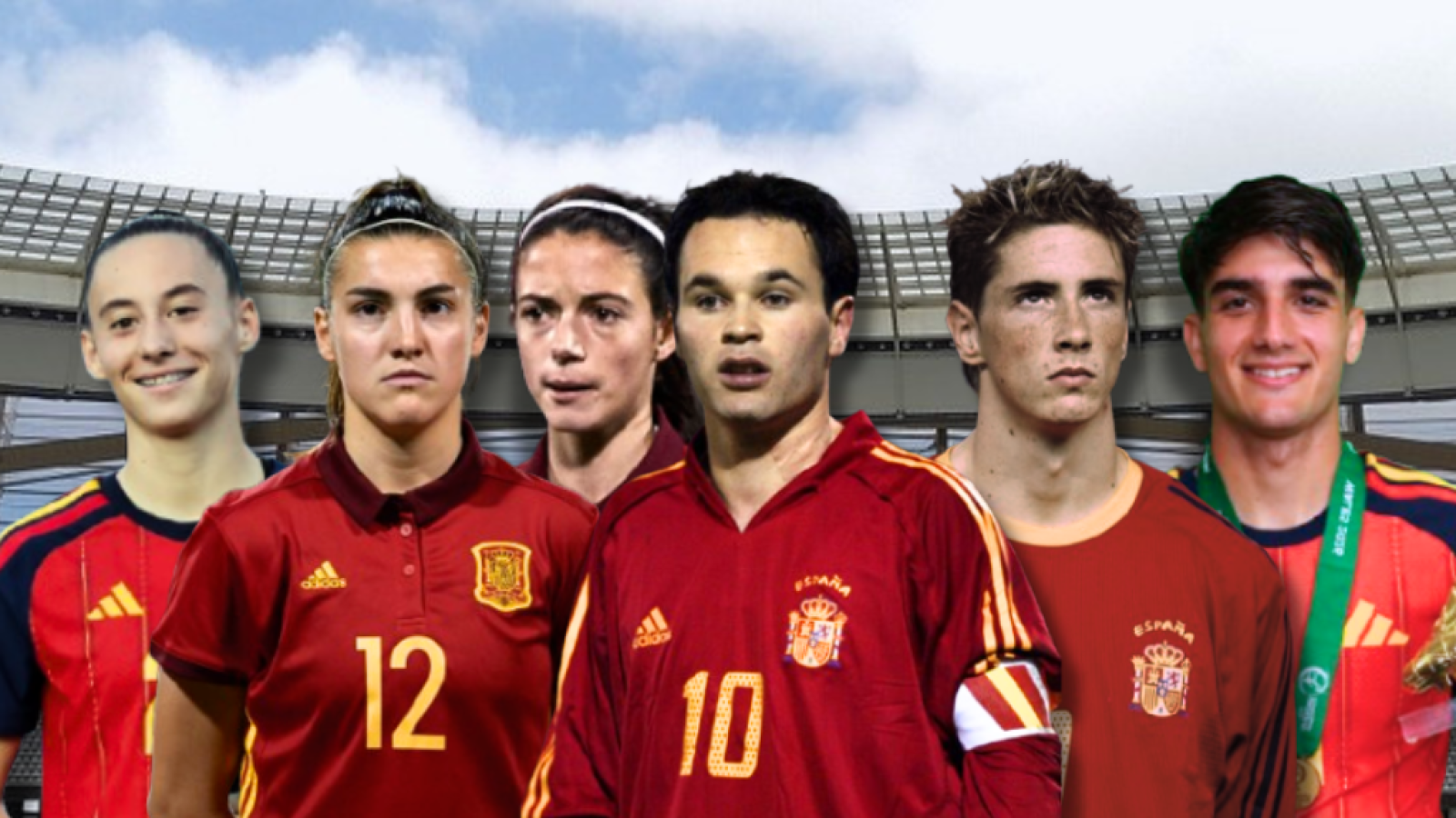 De izquierda a derecha: Rosalía Domínguez, Patri Guijarro, Aitana Bonmatí, Andrés Iniesta, Fernando Torres y José Antonio Morante, todos campeones de Europa sub-19 con España.