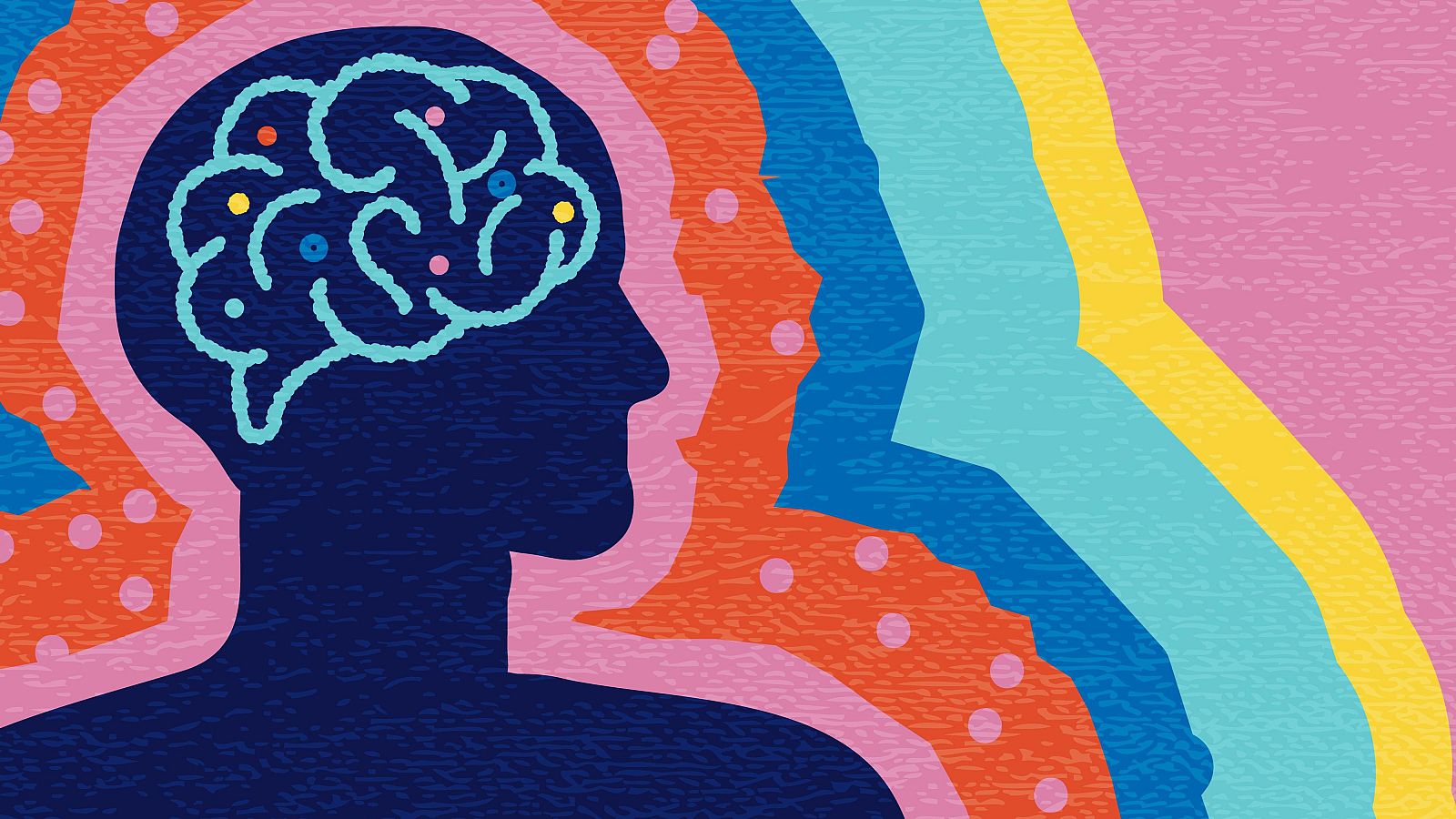 Ilustración abstracta de una cabeza con un cerebro y ondas de colores vibrantes emanando, representando el flujo de pensamientos y la actividad mental.