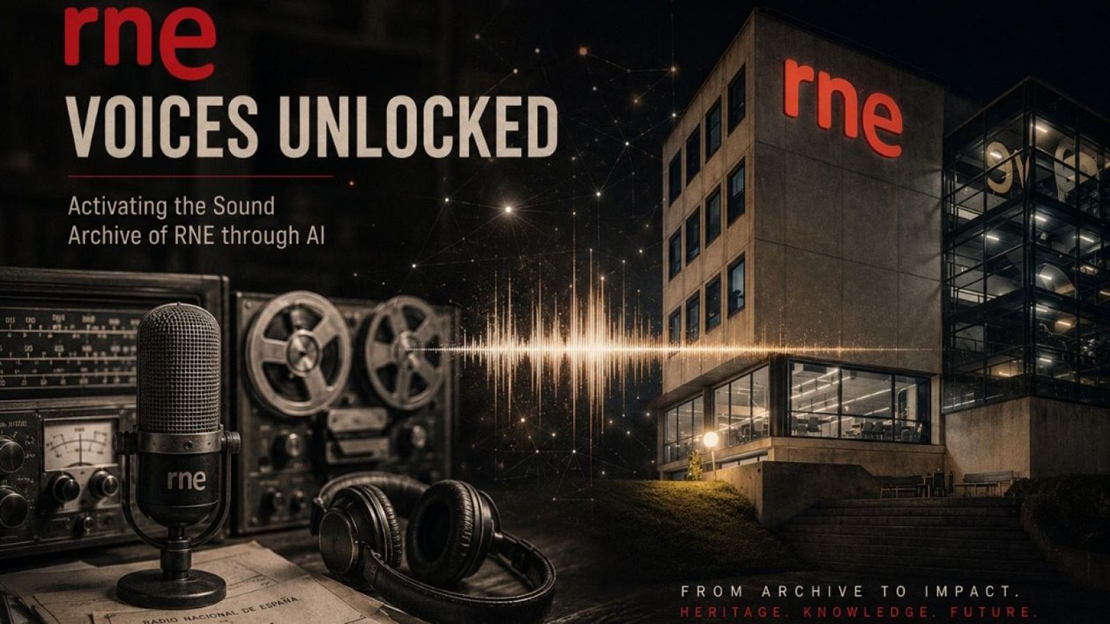Promoción del proyecto "Voices Unlocked" de RNE, que activa el archivo sonoro con IA. Combina elementos vintage y modernos, con el lema "FROM ARCHIVE TO IMPACT. HERITAGE. KNOWLEDGE. FUTURE."