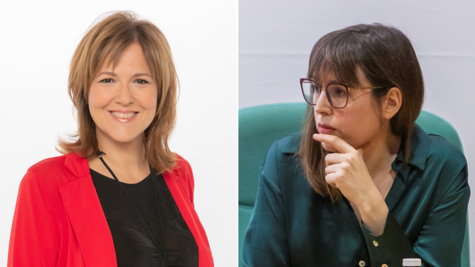 Retratos de Yolanda Flecha (RTVE, blazer rojo, sonriente) y Patricia Alonso (RTVE, gafas, camisa verde, pensativa).