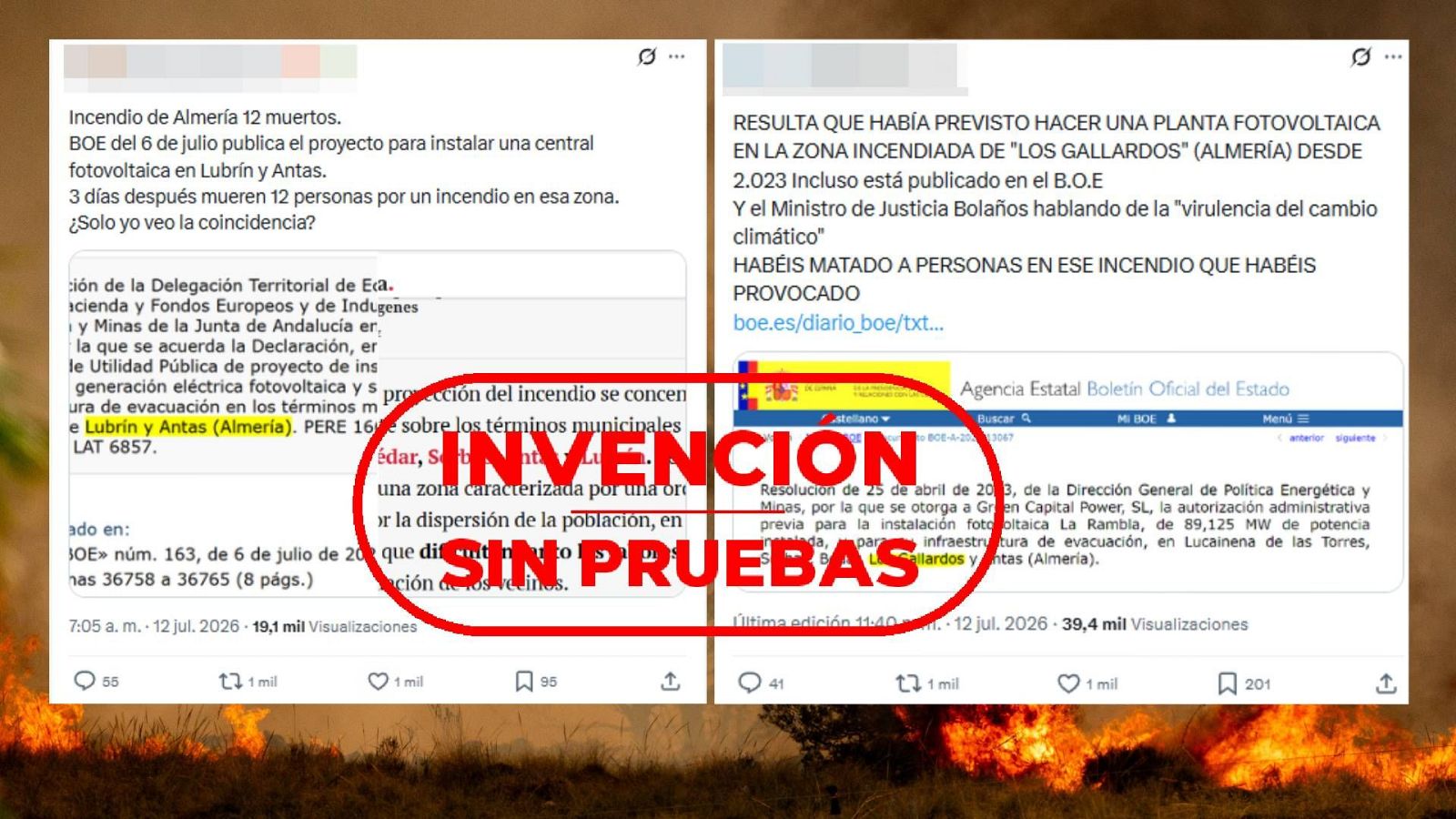 Mensajes de X que relacionan el incendio en Los Gallardos, en Almería, con unos planes para construir una planta fotovoltaica en esa zona