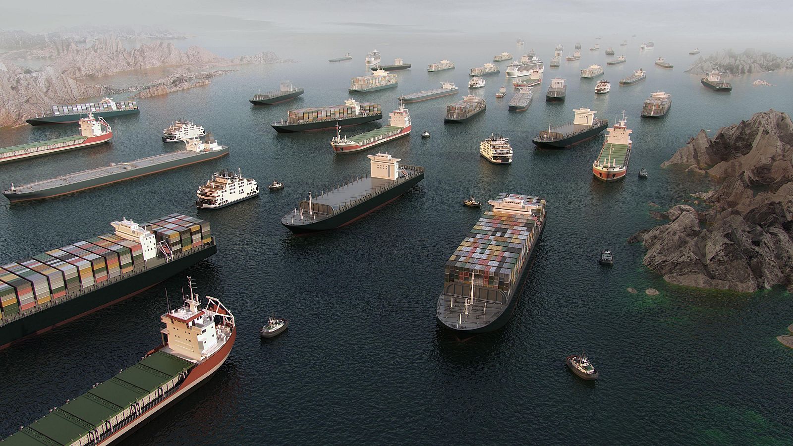 Vista aérea de un estrecho marítimo con costas rocosas, repleto de buques de carga, portacontenedores y embarcaciones menores, bajo un cielo nublado.