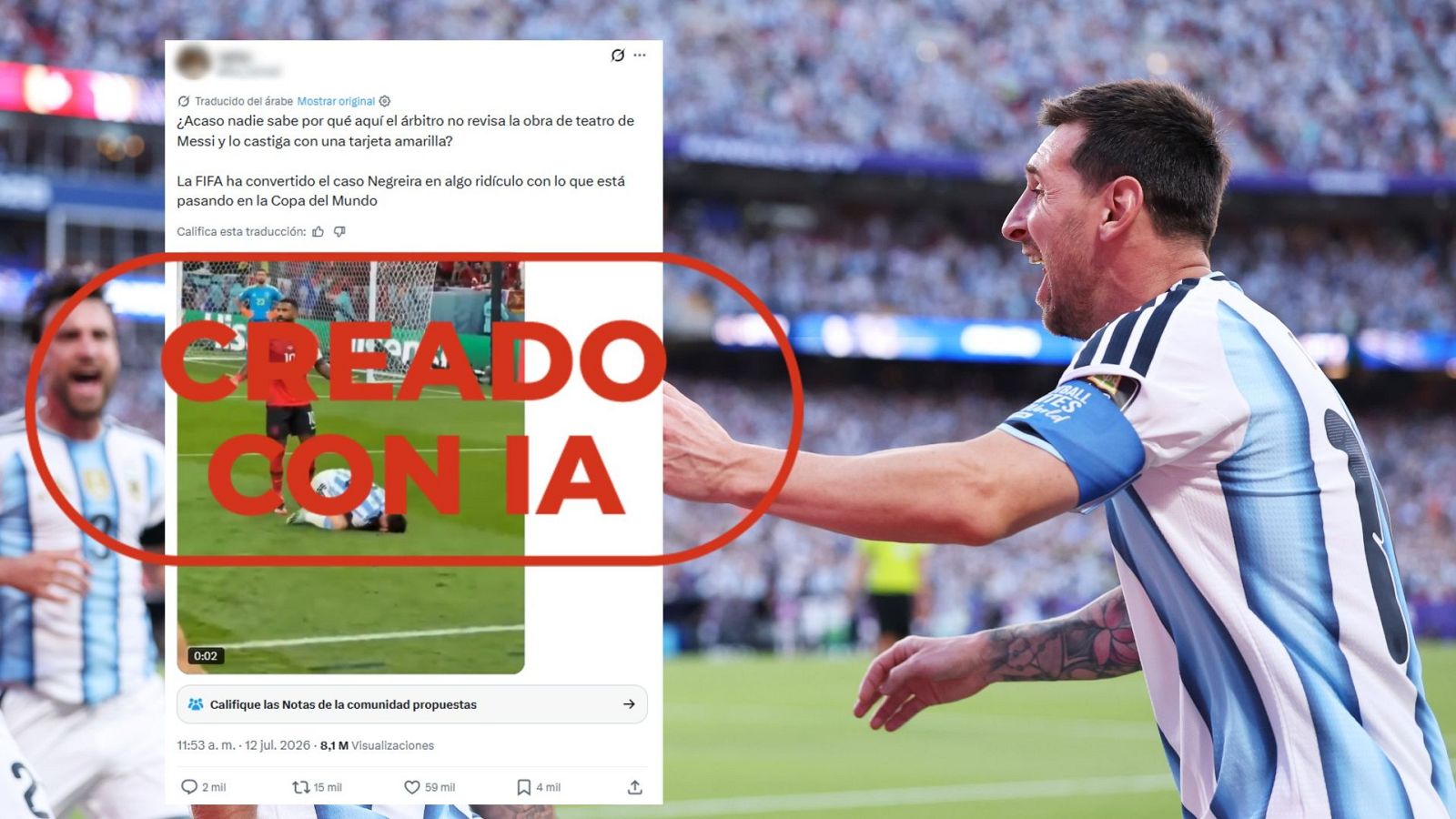 Mensaje que difunde un vídeo creado con IA como si fuera una acción real de Messi durante el Mundial 2026