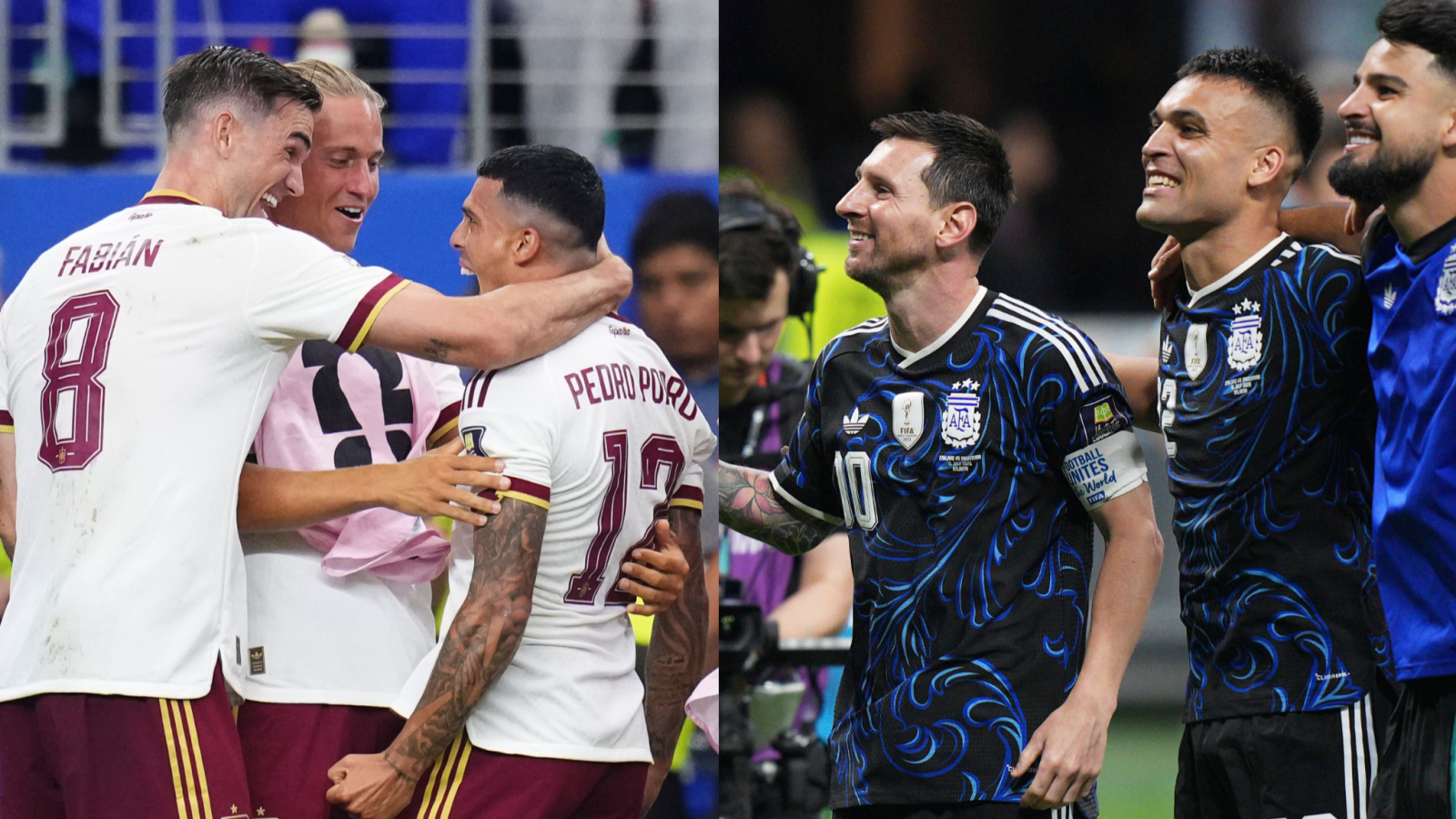 Jugadores de España y Argentina celebran eufóricamente en un estadio, con camisetas rosas, granates, azules y amarillas, mostrando la alegría de un gol.