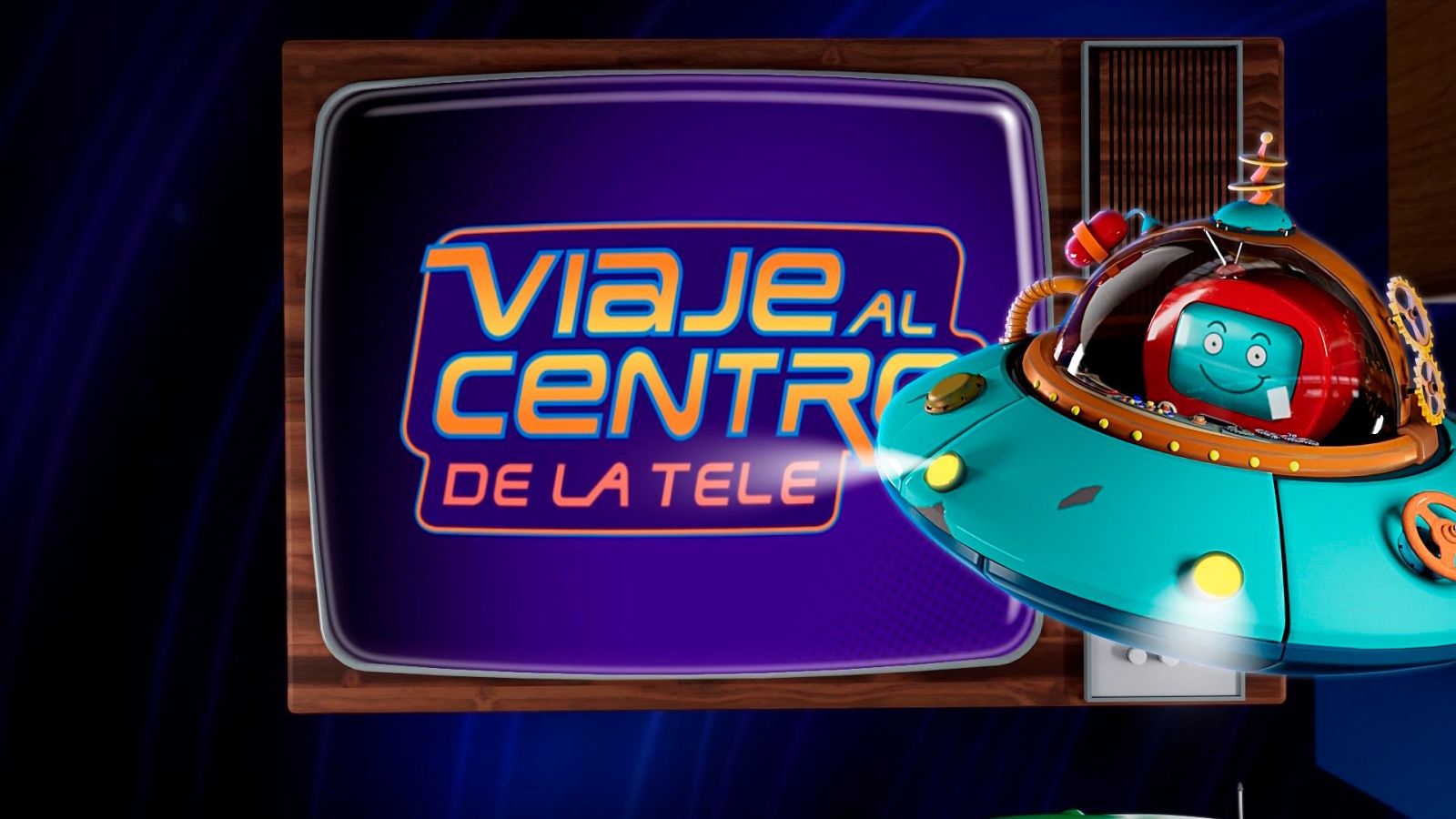 Ilustración promocional de "Viaje al centro de la tele" con un televisor retro, un platillo volante turquesa y un personaje animado en forma de TV. El título del programa se muestra en la pantalla del televisor.