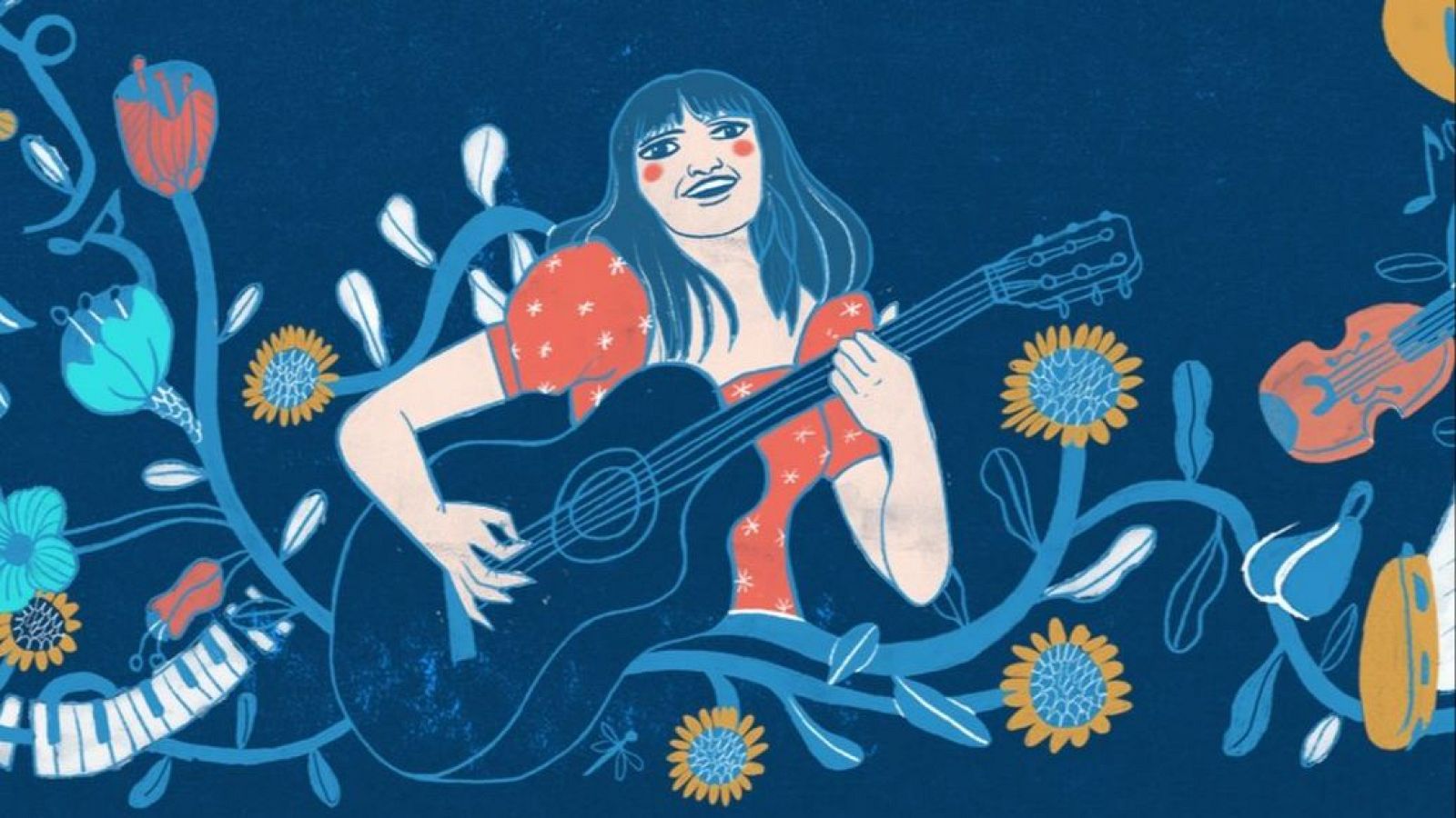 Ilustración de una mujer tocando guitarra rodeada de flores, notas musicales y otros instrumentos, con un fondo azul oscuro y detalles en rojo, amarillo y blanco.