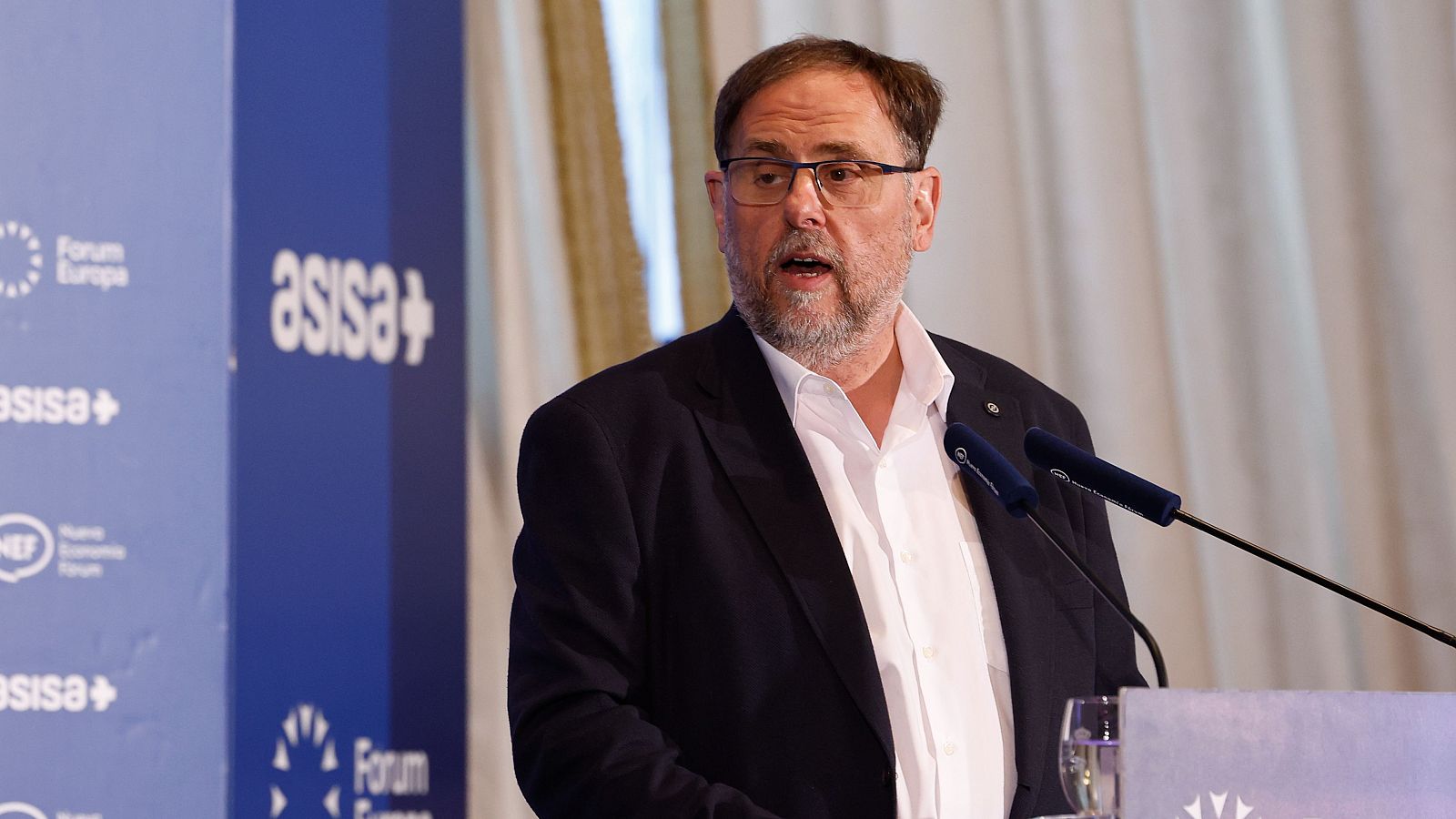 El presidente de ERC, Oriol Junqueras, durante su intervención en el desayuno informativo de Fórum Europa este viernes en Madrid.