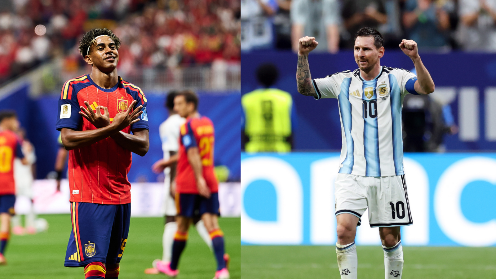 Díptico de Lamine Yamal (España, nº 9) y Lionel Messi (Argentina, nº 10) en momentos de celebración sobre césped de estadio.