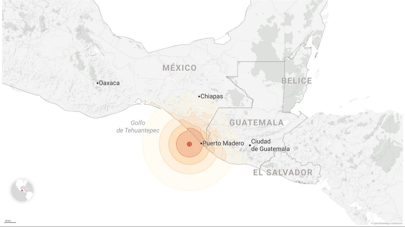 Mapa de Centroamérica con epicentro de evento en el Pacífico, cerca de la costa de Chiapas, México y la frontera con Guatemala. Incluye escala de 50 km.