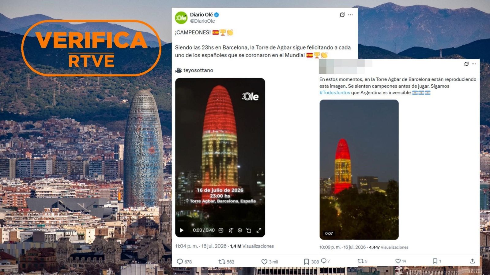 El vídeo de la Torre Glòries de Barcelona iluminada con los colores de la bandera de España es real y actual