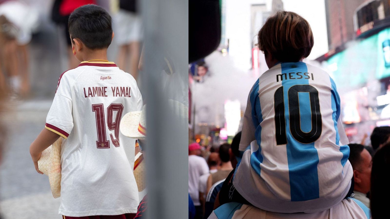 Dos jóvenes aficionados, uno con la camiseta de Lamine Yamal (España) y otro con la de Messi (Argentina), disfrutan del ambiente del fútbol.