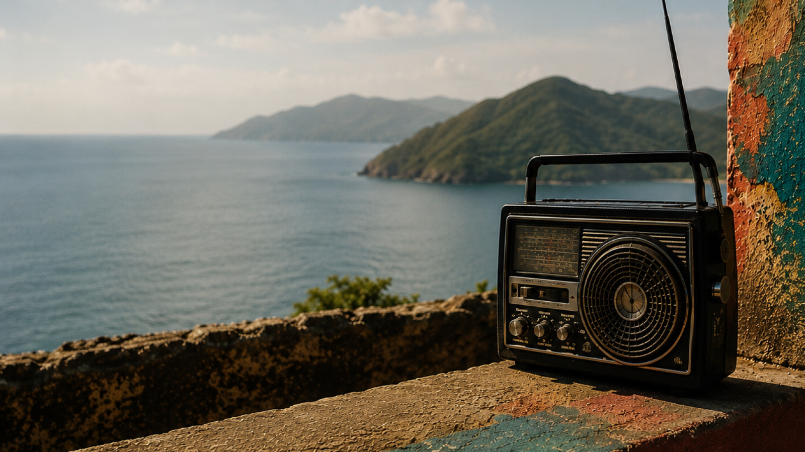 Radio portátil negro vintage sobre muro de piedra con grafitis, mar azul y montañas verdes al fondo.