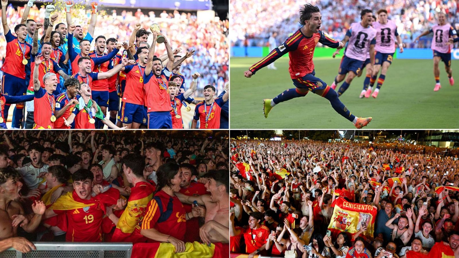 Collage de fútbol español: celebración de jugadores con trofeo, Gavi en acción, y multitudes de aficionados eufóricos con banderas y camisetas rojas y amarillas.