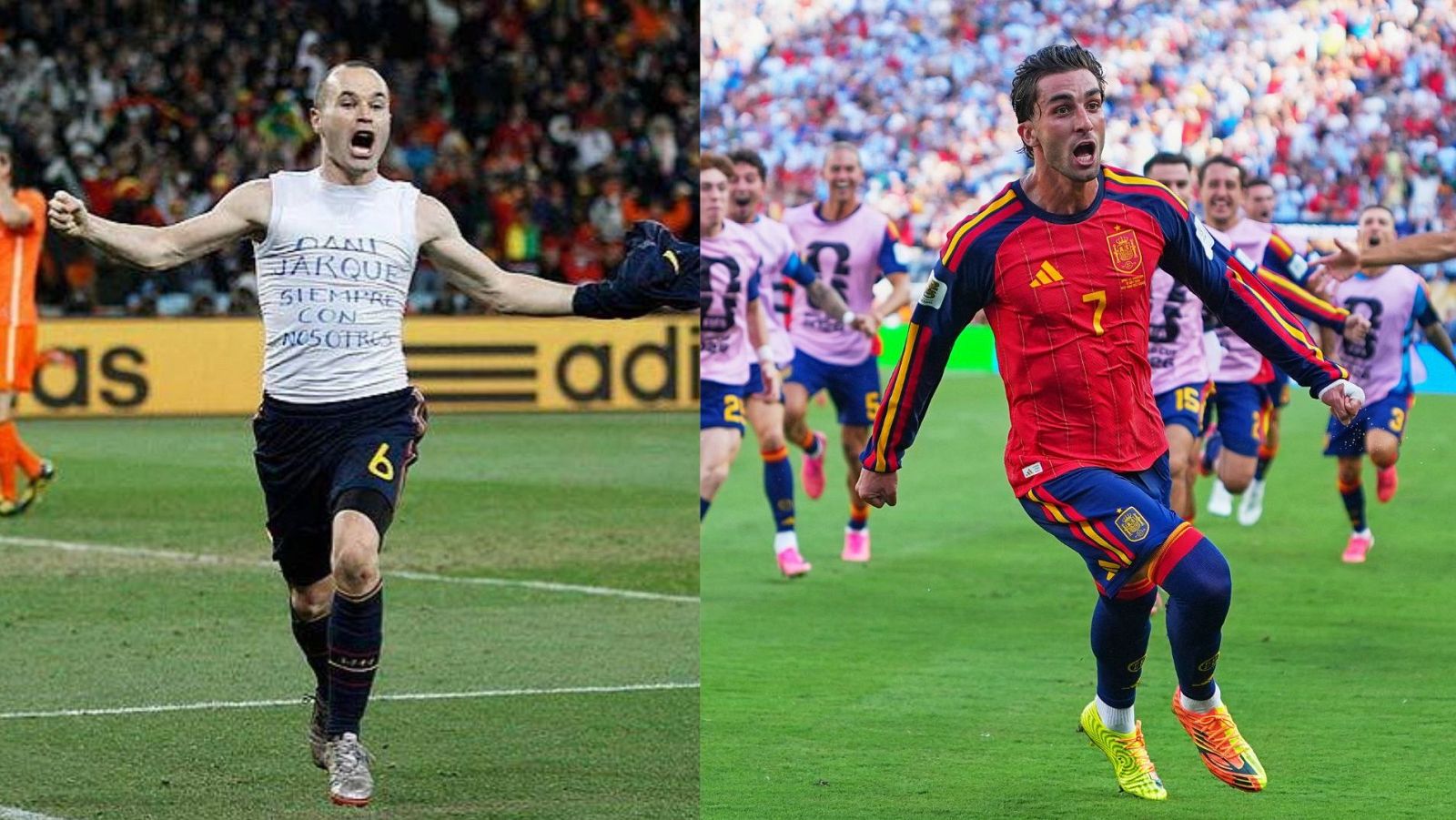 Díptico de futbolistas españoles celebrando: Andrés Iniesta con mensaje de homenaje y Ferran Torres con la camiseta de la selección.