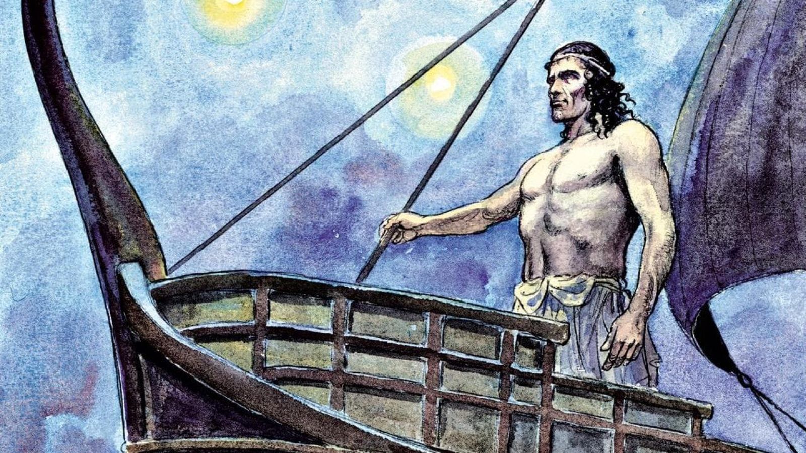 Ulises, de complexión atlética y cabello oscuro recogido, se muestra serio a bordo de una embarcación antigua, sujetando un mástil. El fondo es un cielo crepuscular con tonos azules y morados, y dos orbes luminosos. Estilo acuarela.