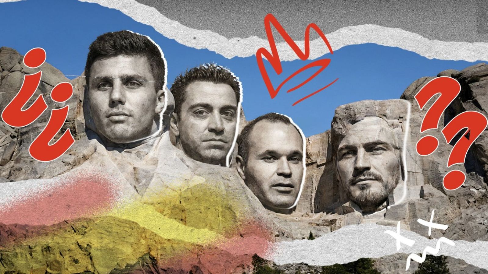 Imagen imitando el Monte Rushmore con las caras de Rodri Hernández, Xavi Hernández, Andrés Iniesta e Iker Casillas