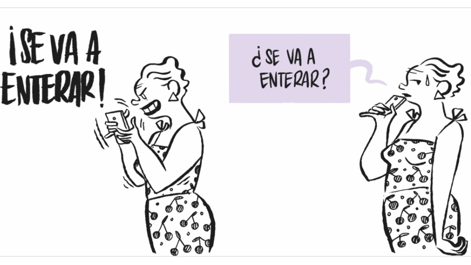 Dos mujeres, idénticas en apariencia, reaccionan de forma opuesta ante la inminencia de una revelación, una con ira y la otra con preocupación, ambas conectadas por sus teléfonos móviles.