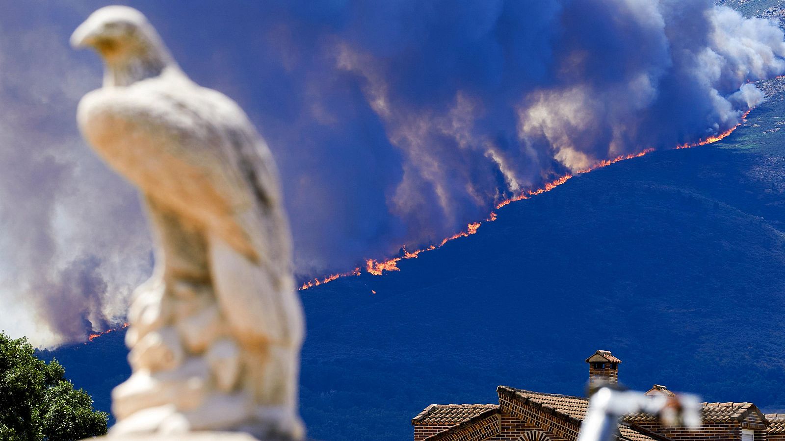 Medios aéreos trabajan en las labores de extinción del incendio entre las localidades abulenses de Burgohondo y Navaluenga.