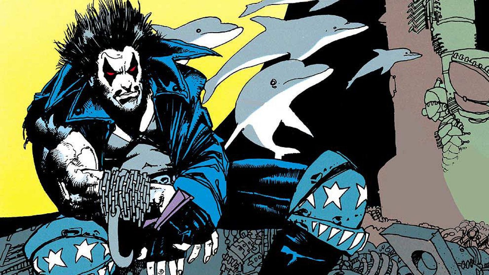 Lobo, personaje de cómic, sentado con mirada seria, viste chaqueta azul, cadenas y botas con estrellas. Fondo con delfines y estructura bio-mecánica.